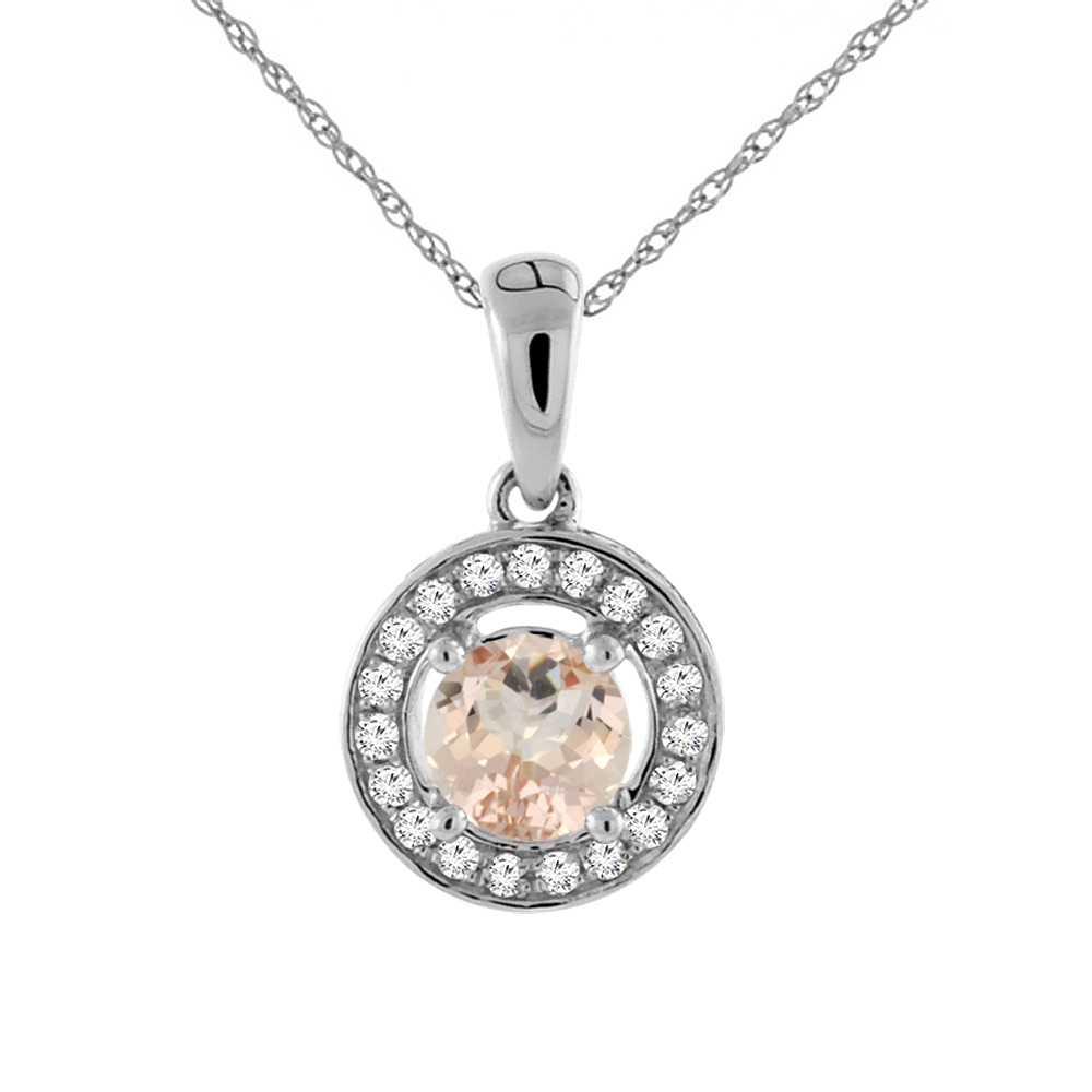 14K WHITE GOLD NATURAL MORGANITE NECKLACE WITH DIAMOND HALO ROUND 5 MM