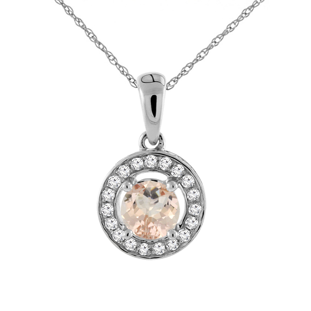 14K White Gold Natural Morganite Necklace with Diamond Halo Round 5 mm