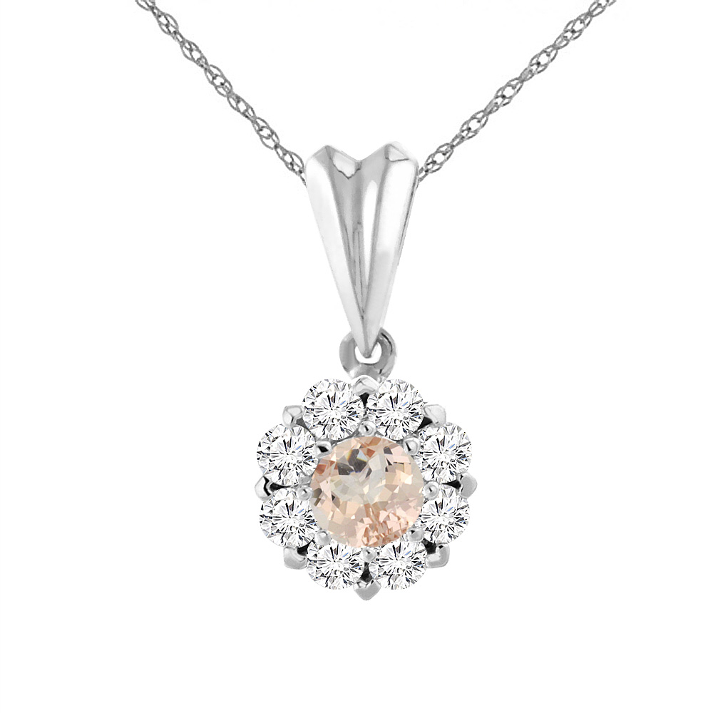14K WHITE GOLD NATURAL MORGANITE NECKLACE WITH DIAMOND HALO ROUND 6 MM
