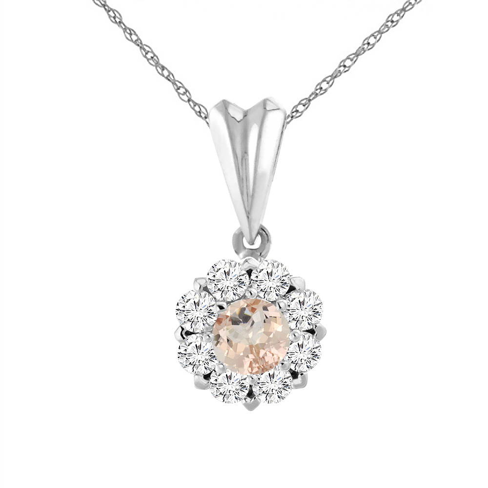 14K White Gold Natural Morganite Necklace with Diamond Halo Round 6 mm