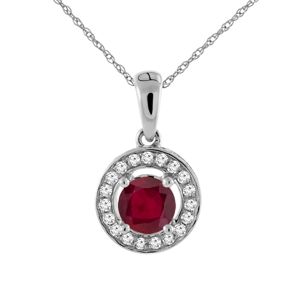 14K WHITE GOLD ENHANCED GENUINE RUBY NECKLACE WITH DIAMOND HALO ROUND 5 MM