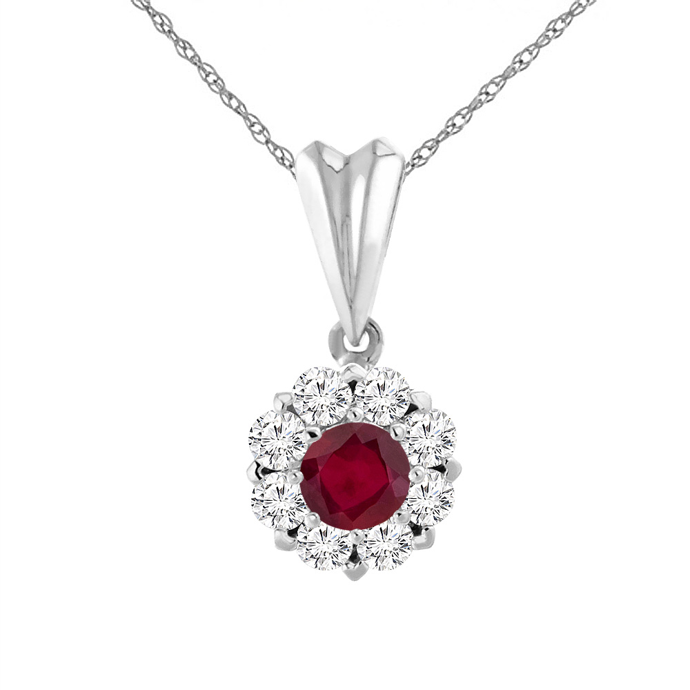14K White Gold Enhanced Genuine Ruby Necklace with Diamond Halo Round 6 mm