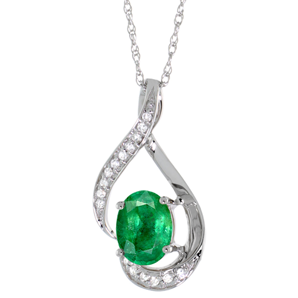 14K WHITE GOLD DIAMOND NATURAL EMERALD NECKLACE OVAL 7X5 MM, 18 INCH LONG