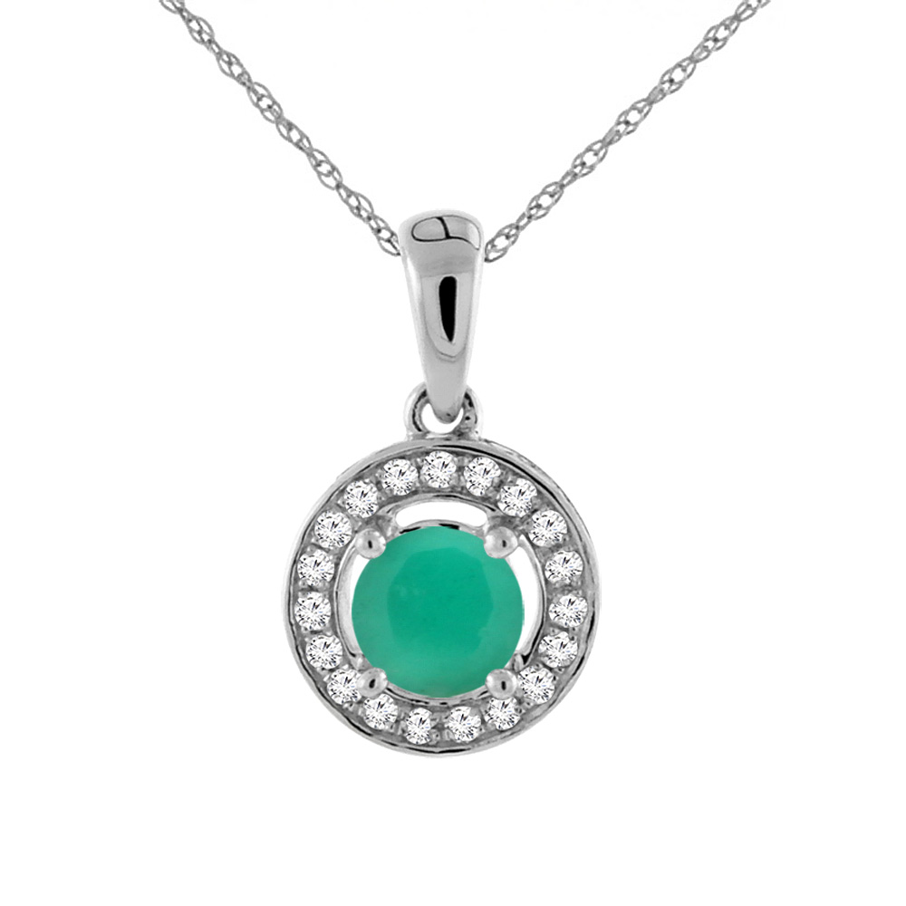 14K WHITE GOLD NATURAL EMERALD NECKLACE WITH DIAMOND HALO ROUND 5 MM
