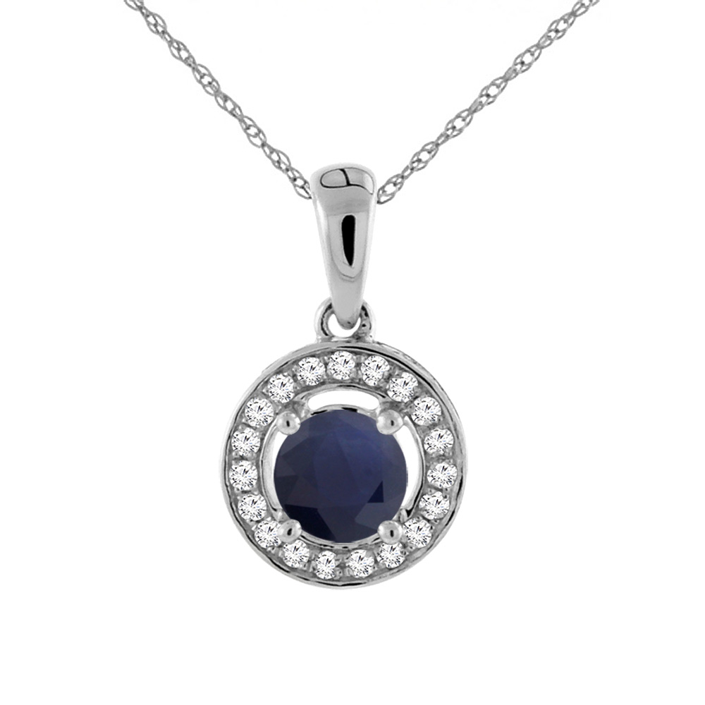 14K WHITE GOLD NATURAL BLUE SAPPHIRE NECKLACE WITH DIAMOND HALO ROUND 5 MM