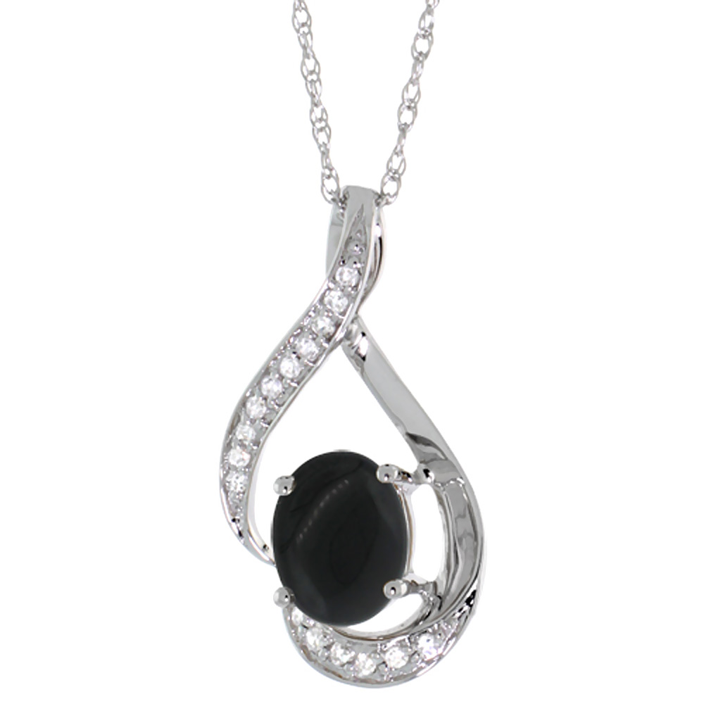 14K WHITE GOLD DIAMOND NATURAL BLACK ONYX NECKLACE OVAL 7X5 MM, 18 INCH LONG