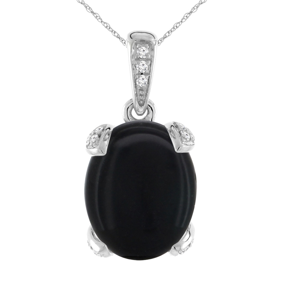 14K White Gold Natural Black Onyx Necklace Oval 10x8 mm with Diamond Accents