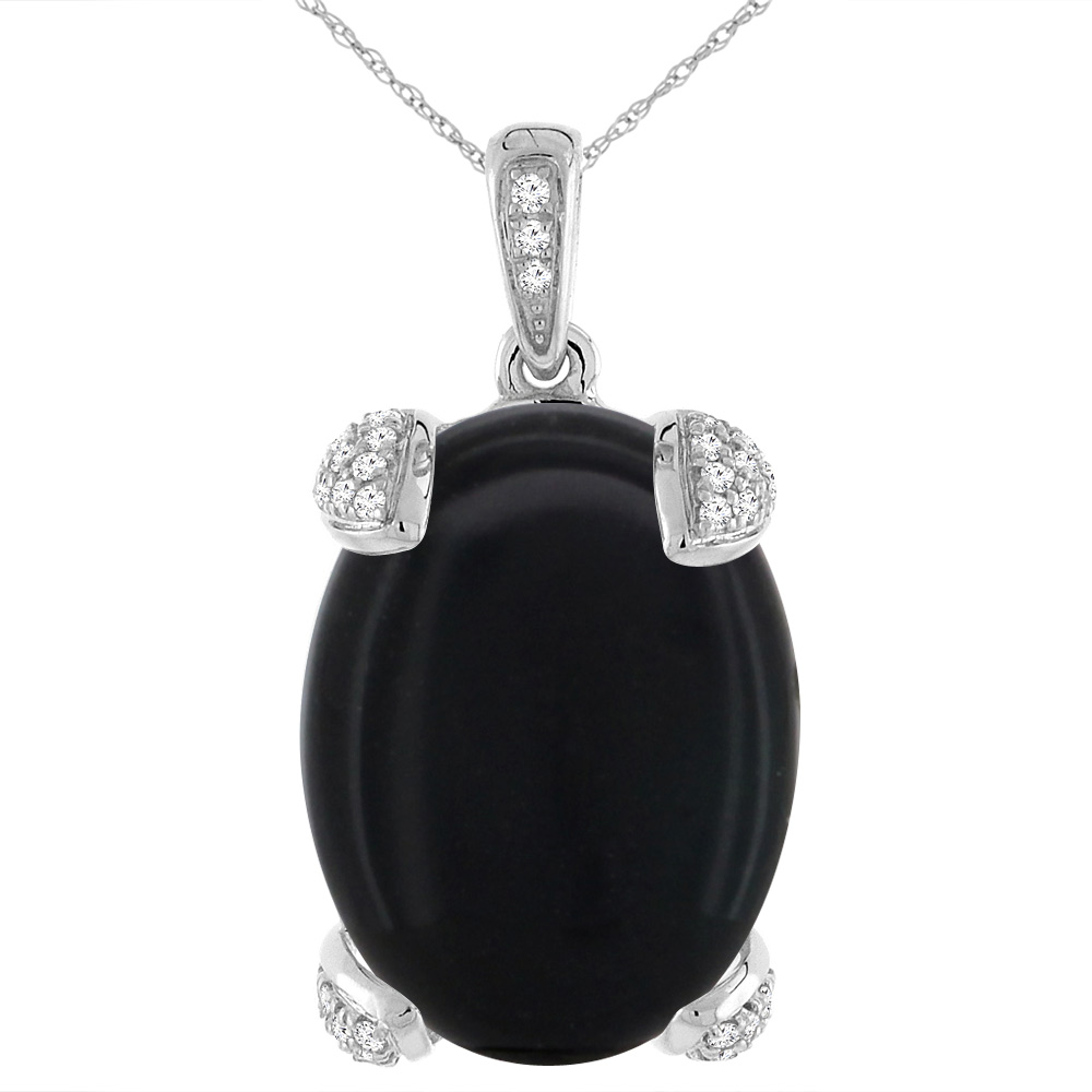 14K WHITE GOLD NATURAL BLACK ONYX NECKLACE OVAL 18X13 MM WITH DIAMOND ACCENTS