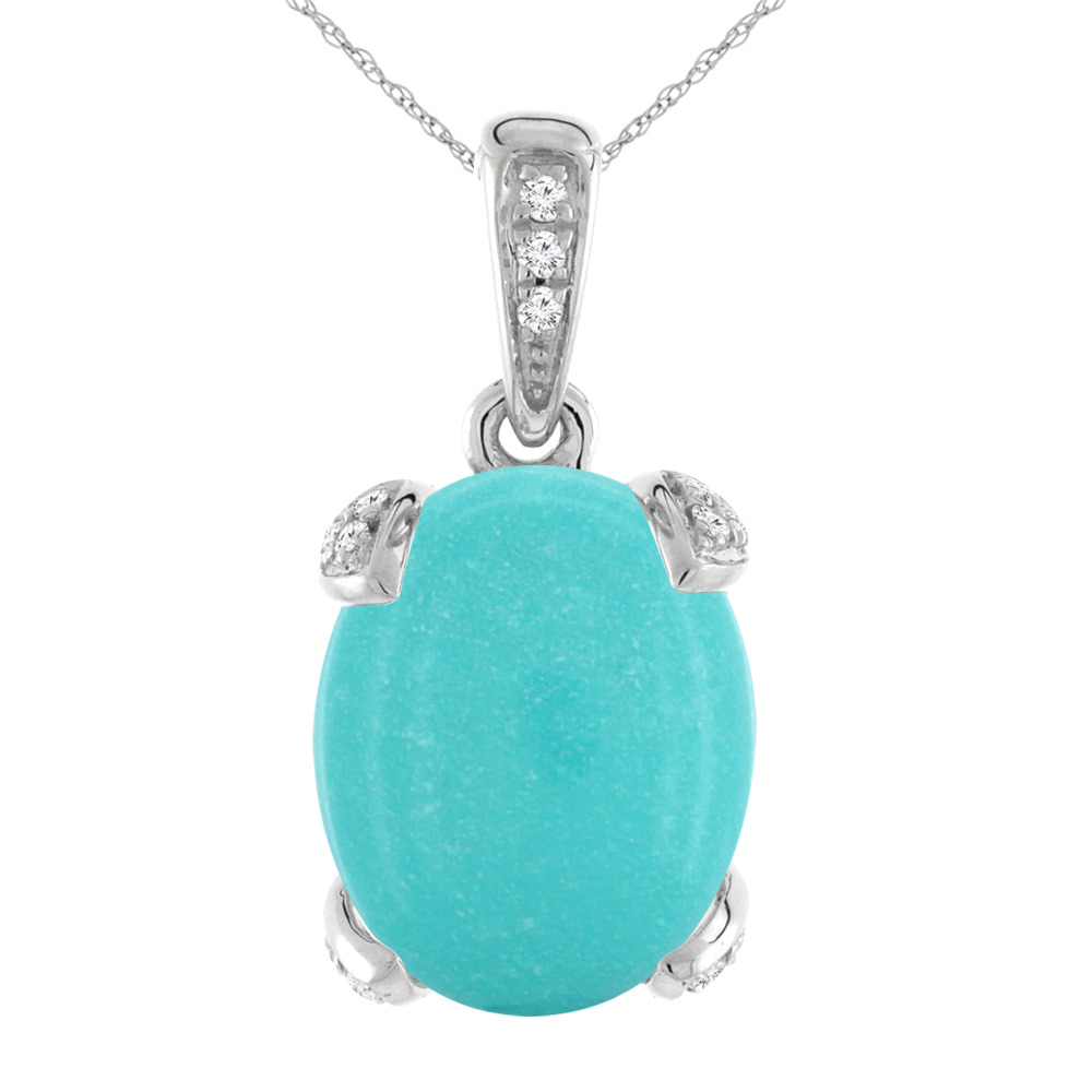 14K WHITE GOLD NATURAL TURQUOISE NECKLACE OVAL 11X9 MM WITH DIAMOND ACCENTS
