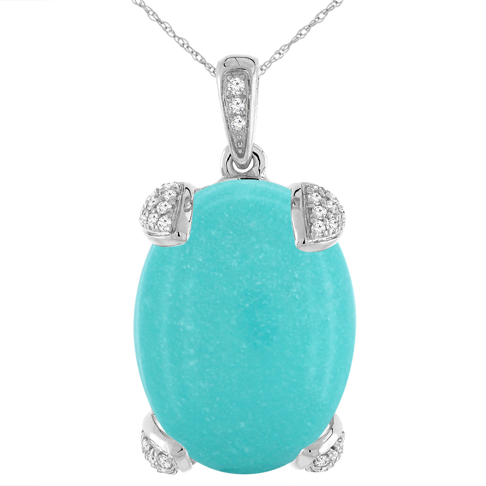 14K WHITE GOLD NATURAL TURQUOISE NECKLACE OVAL 16X12 MM WITH DIAMOND ACCENTS