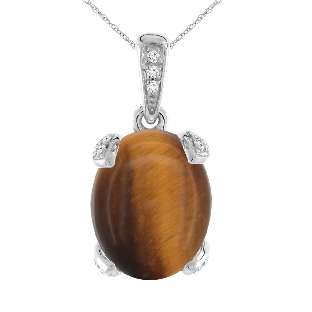 14K WHITE GOLD NATURAL TIGER EYE NECKLACE OVAL 10X8 MM WITH DIAMOND ACCENTS