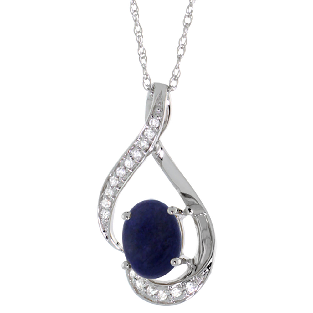 14K WHITE GOLD DIAMOND NATURAL LAPIS NECKLACE OVAL 7X5 MM, 18 INCH LONG