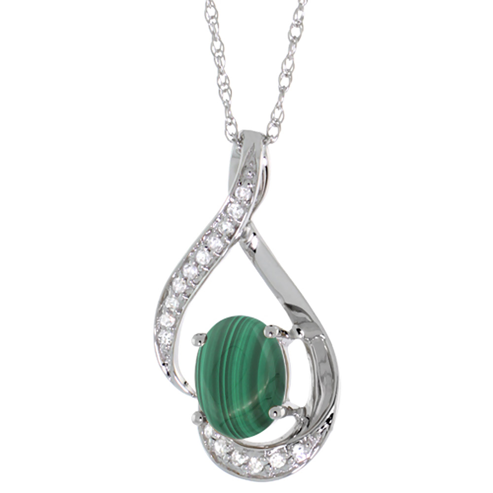 14K WHITE GOLD DIAMOND NATURAL MALACHITE NECKLACE OVAL 7X5 MM, 18 INCH LONG