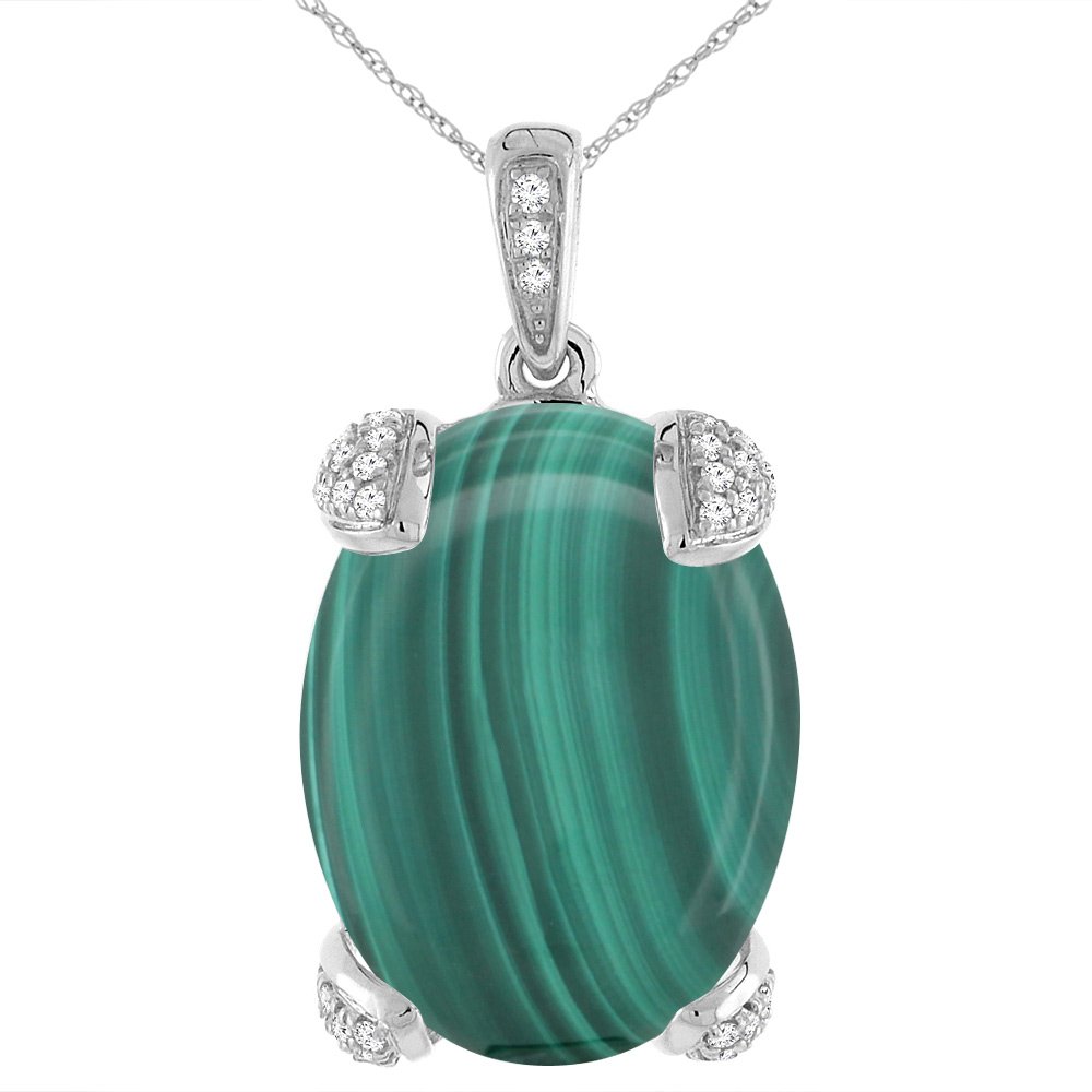14K WHITE GOLD NATURAL MALACHITE NECKLACE OVAL 18X13 MM WITH DIAMOND ACCENTS
