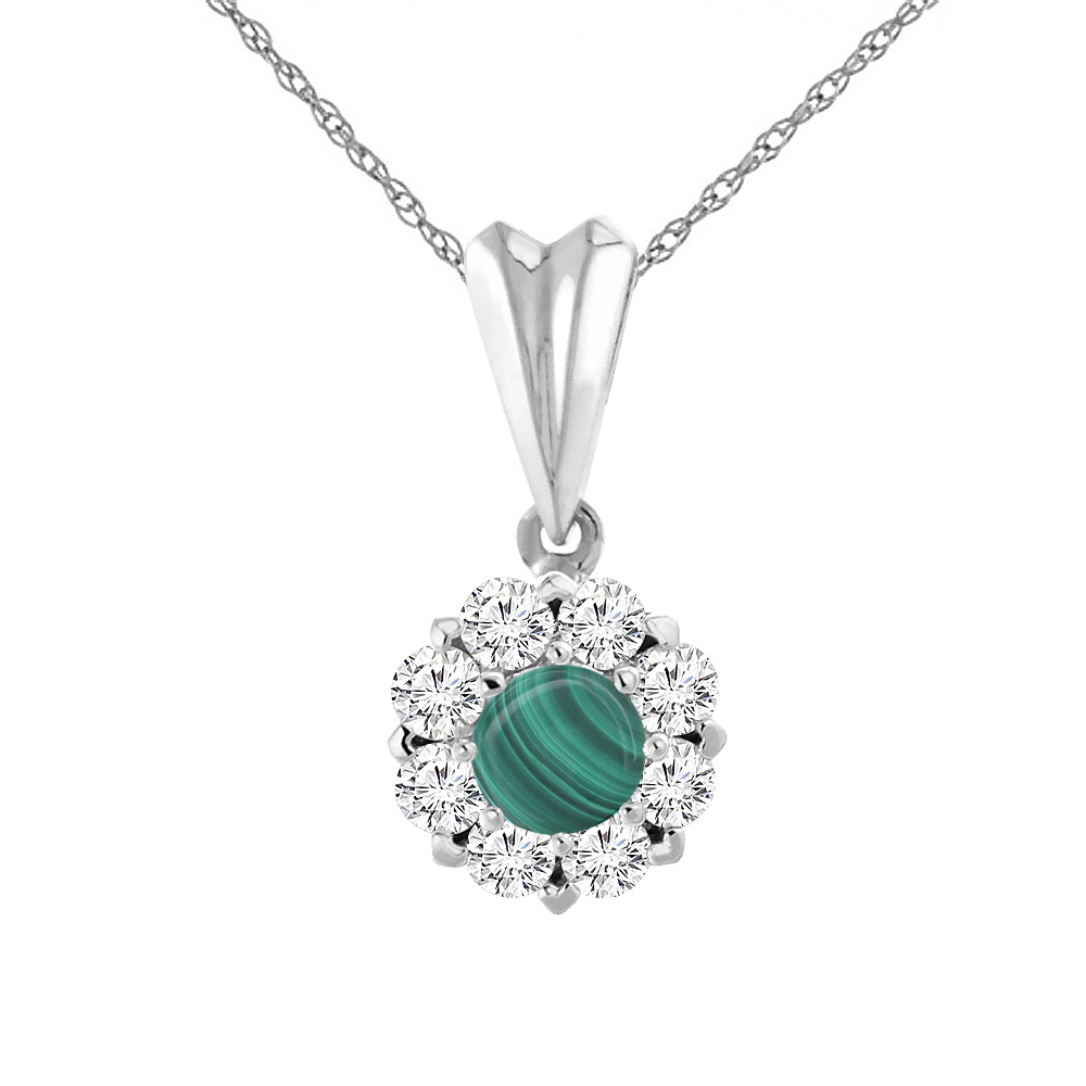 14K White Gold Natural Malachite Necklace with Diamond Halo Round 6 mm