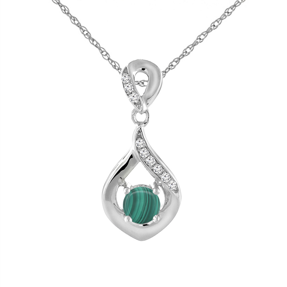 14K WHITE GOLD NATURAL MALACHITE NECKLACE WITH DIAMOND ACCENTS ROUND 4 MM