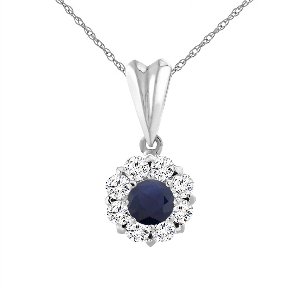 14K WHITE GOLD DIAMOND HALO NATURAL QUALITY BLUE SAPPHIRE NECKLACE ROUND 6 MM