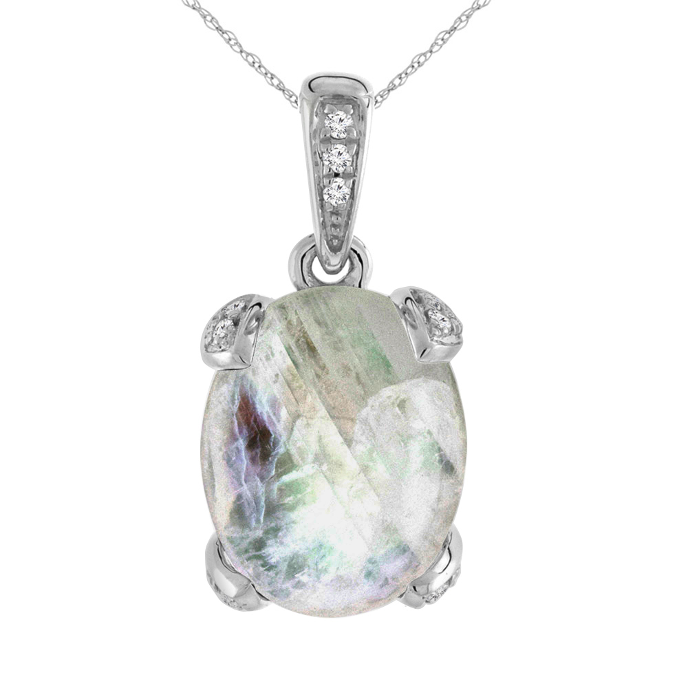 14K WHITE GOLD NATURAL RAINBOW MOONSTONE NECKLACE OVAL 10X8 MM WITH DIAMOND ACCENTS