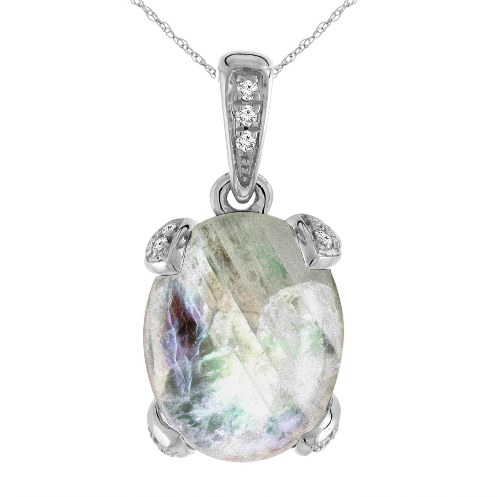14K WHITE GOLD NATURAL RAINBOW MOONSTONE NECKLACE OVAL 11X9 MM WITH DIAMOND ACCENTS