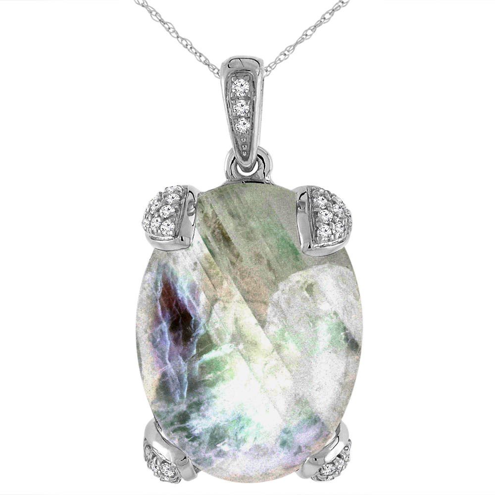14K WHITE GOLD NATURAL RAINBOW MOONSTONE NECKLACE OVAL 16X12 MM WITH DIAMOND ACCENTS
