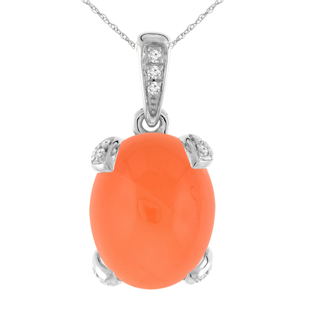 14K WHITE GOLD NATURAL ORANGE MOONSTONE NECKLACE OVAL 11X9 MM WITH DIAMOND ACCENTS