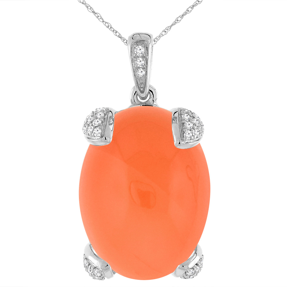 14K WHITE GOLD NATURAL ORANGE MOONSTONE NECKLACE OVAL 16X12 MM WITH DIAMOND ACCENTS