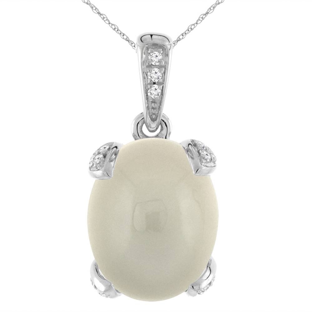 14K WHITE GOLD NATURAL LIGHT GRAY MOONSTONE NECKLACE OVAL 12X10 MM WITH DIAMOND ACCENTS
