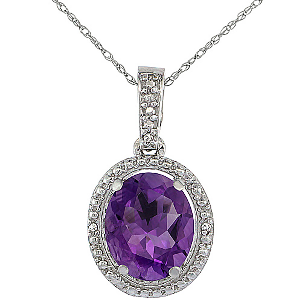 10K White Gold 0.09 cttw Diamond Natural Amethyst Pendant Oval 10x8 mm