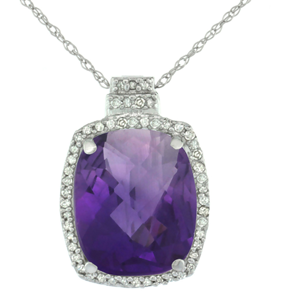 10K White Gold 0.20 cttw Diamond Natural Amethyst Pendant Octagon Cushion 11x9 mm