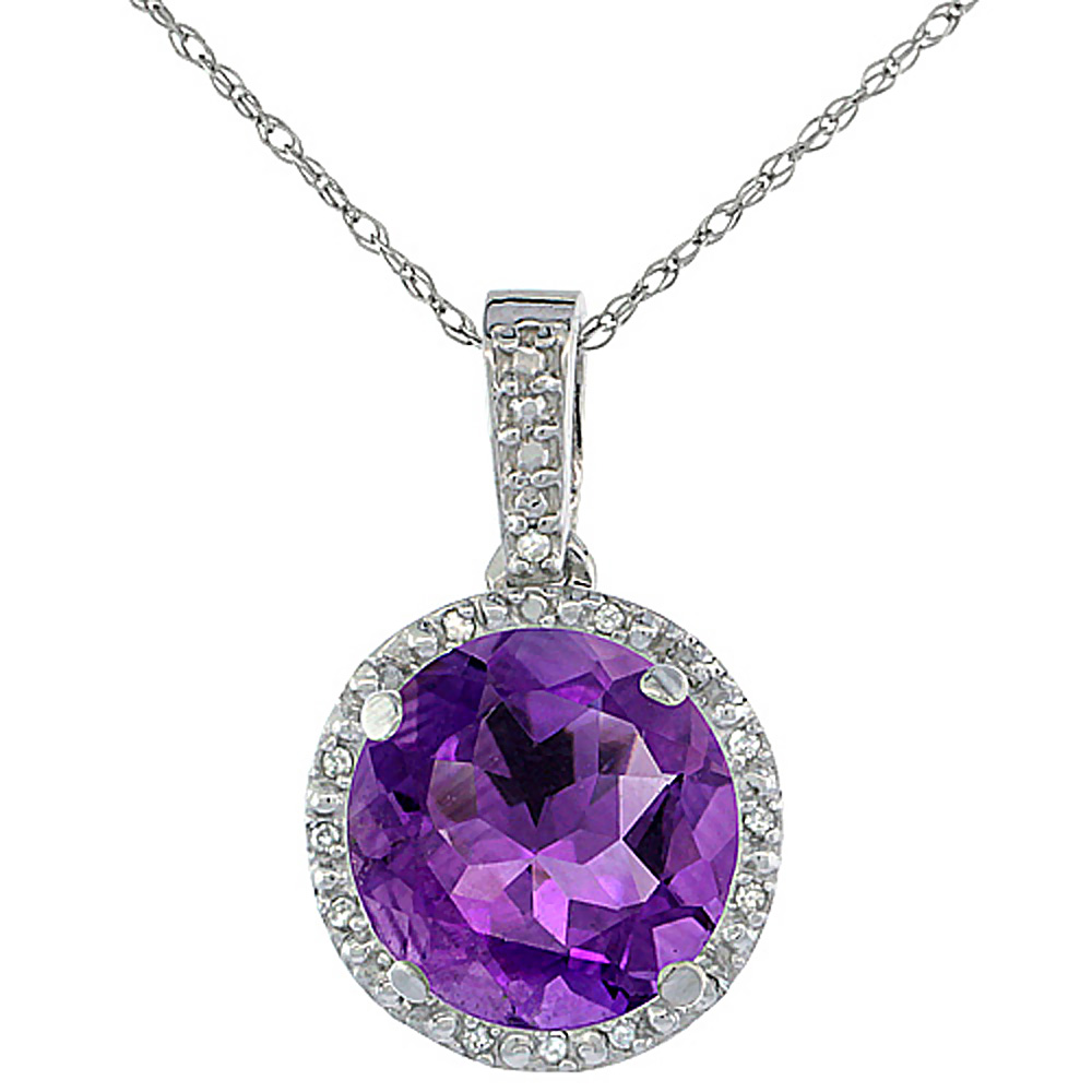 10K WHITE GOLD 0.03 CTTW DIAMOND NATURAL AMETHYST PENDANT ROUND 11X11 MM