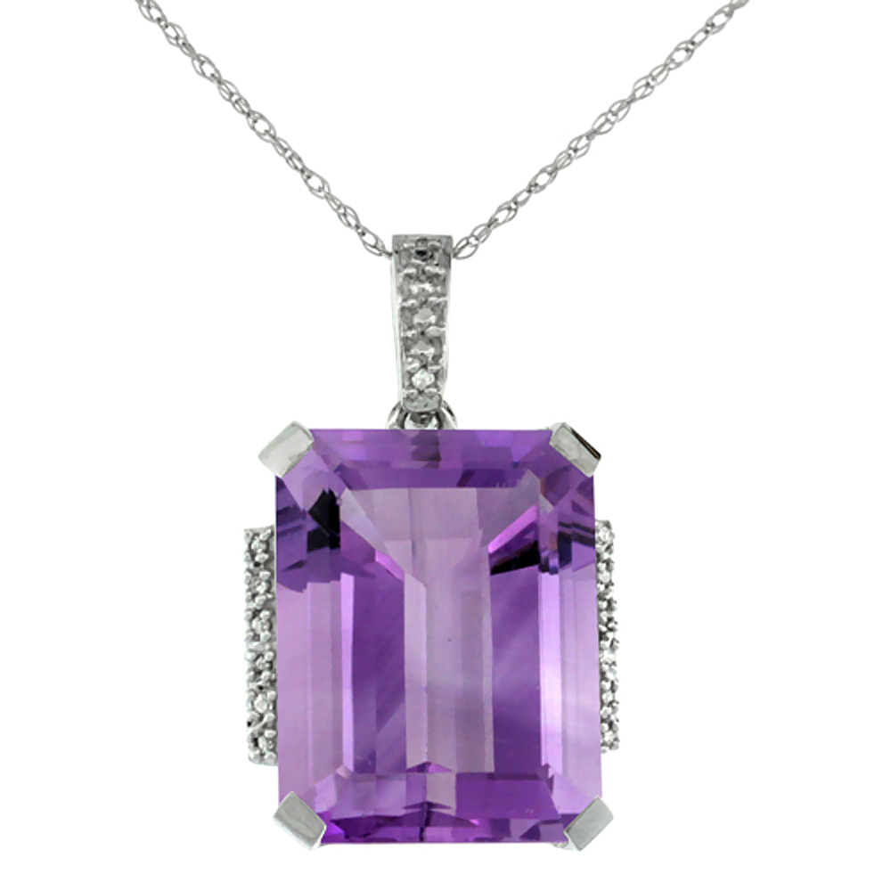 10K White Gold Natural Amethyst Pendant Octagon 16x12 mm & Diamond Accents