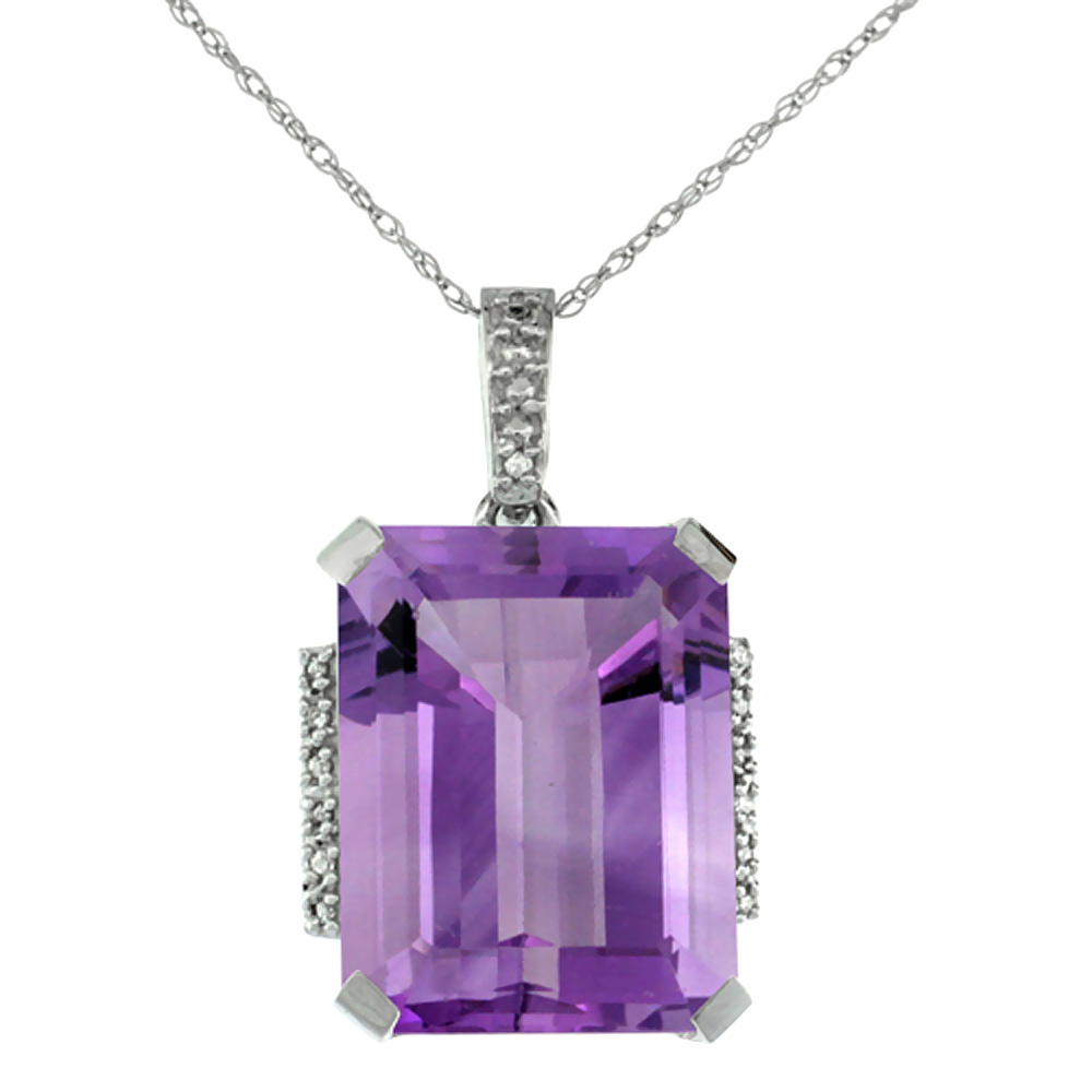 10K White Gold Natural Amethyst Pendant Octagon 16x12 mm &amp; Diamond Accents