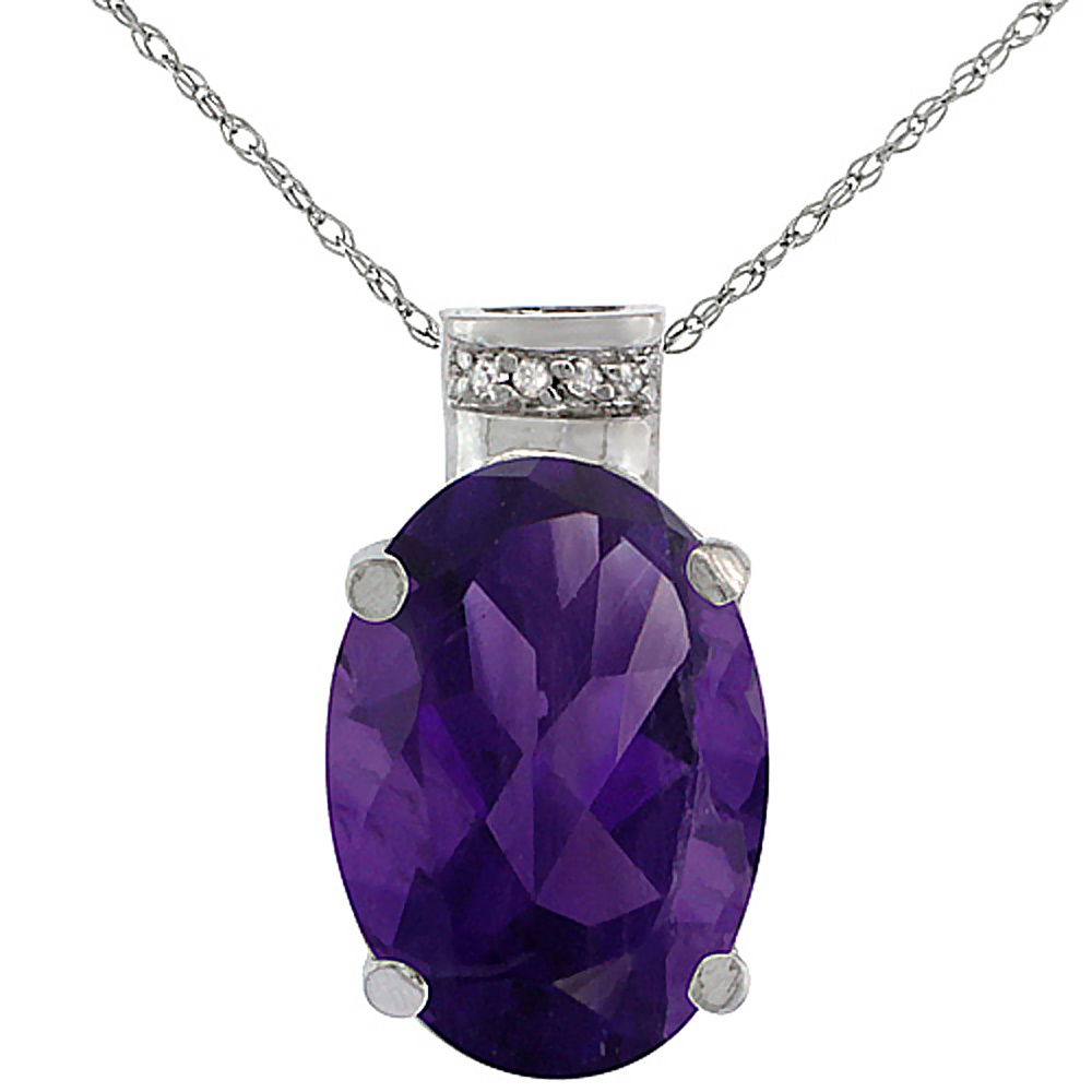 10K WHITE GOLD DIAMOND NATURAL AMETHYST PENDANT OVAL 14X10 MM