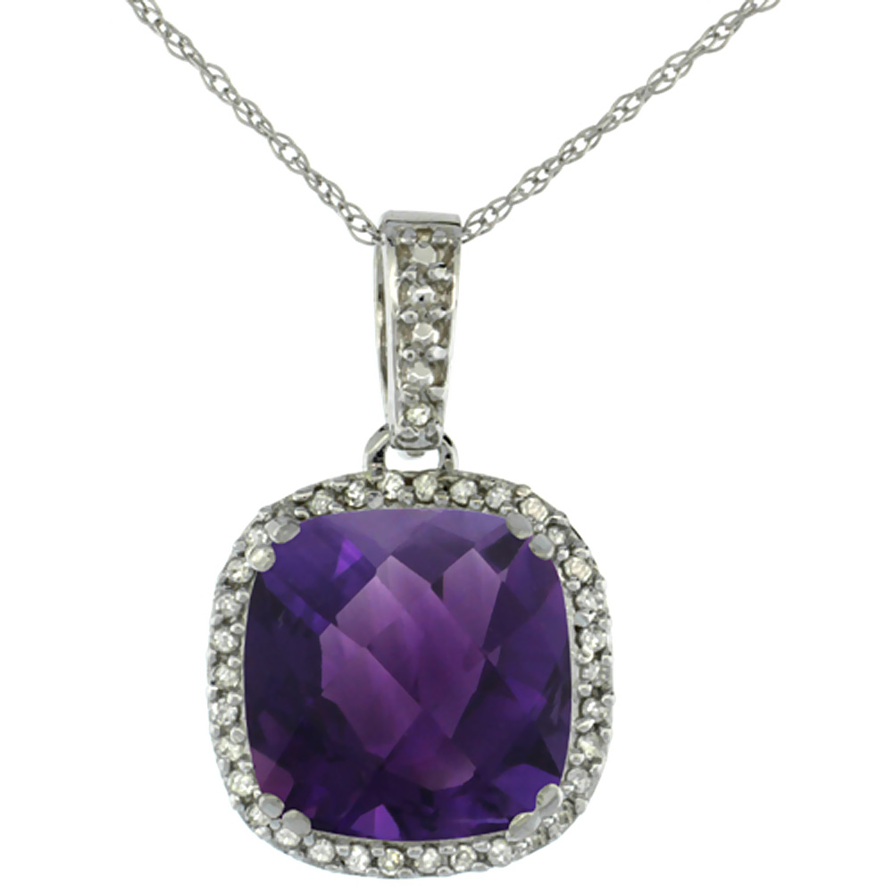 10k White Gold Diamond Halo Natural Amethyst Necklace Cushion Shaped 10x10mm, 18 inch long