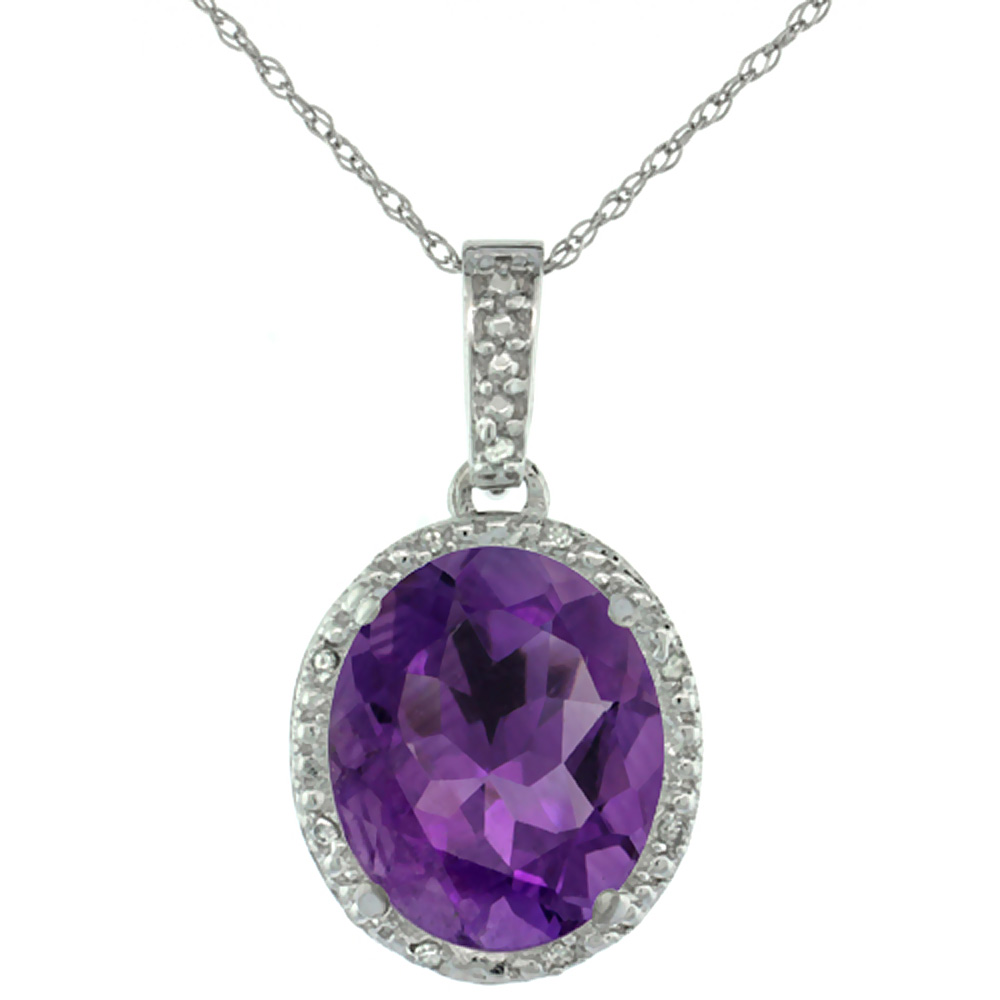 10K WHITE GOLD DIAMOND HALO NATURAL AMETHYST NECKLACE OVAL 12X10 MM, 18 INCH LONG