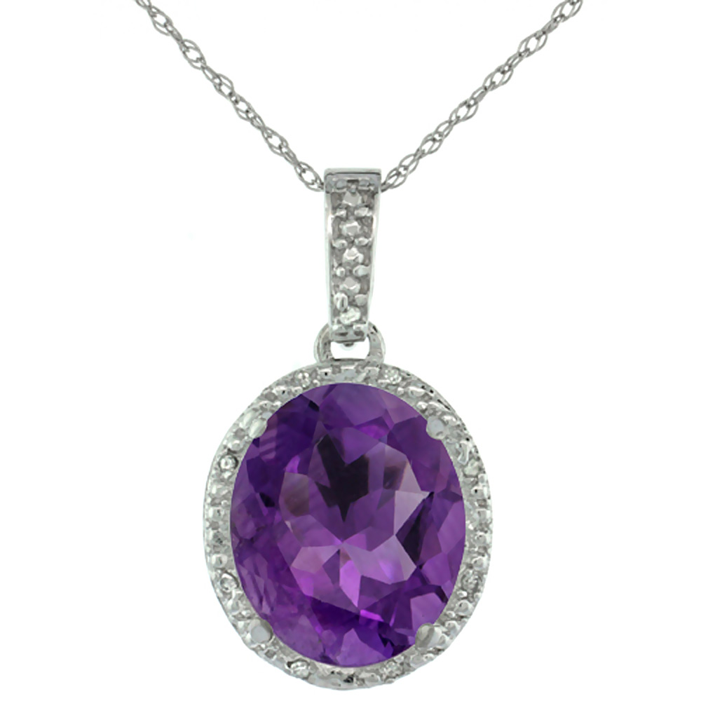 10K White Gold Diamond Halo Natural Amethyst Necklace Oval 12x10 mm, 18 inch long