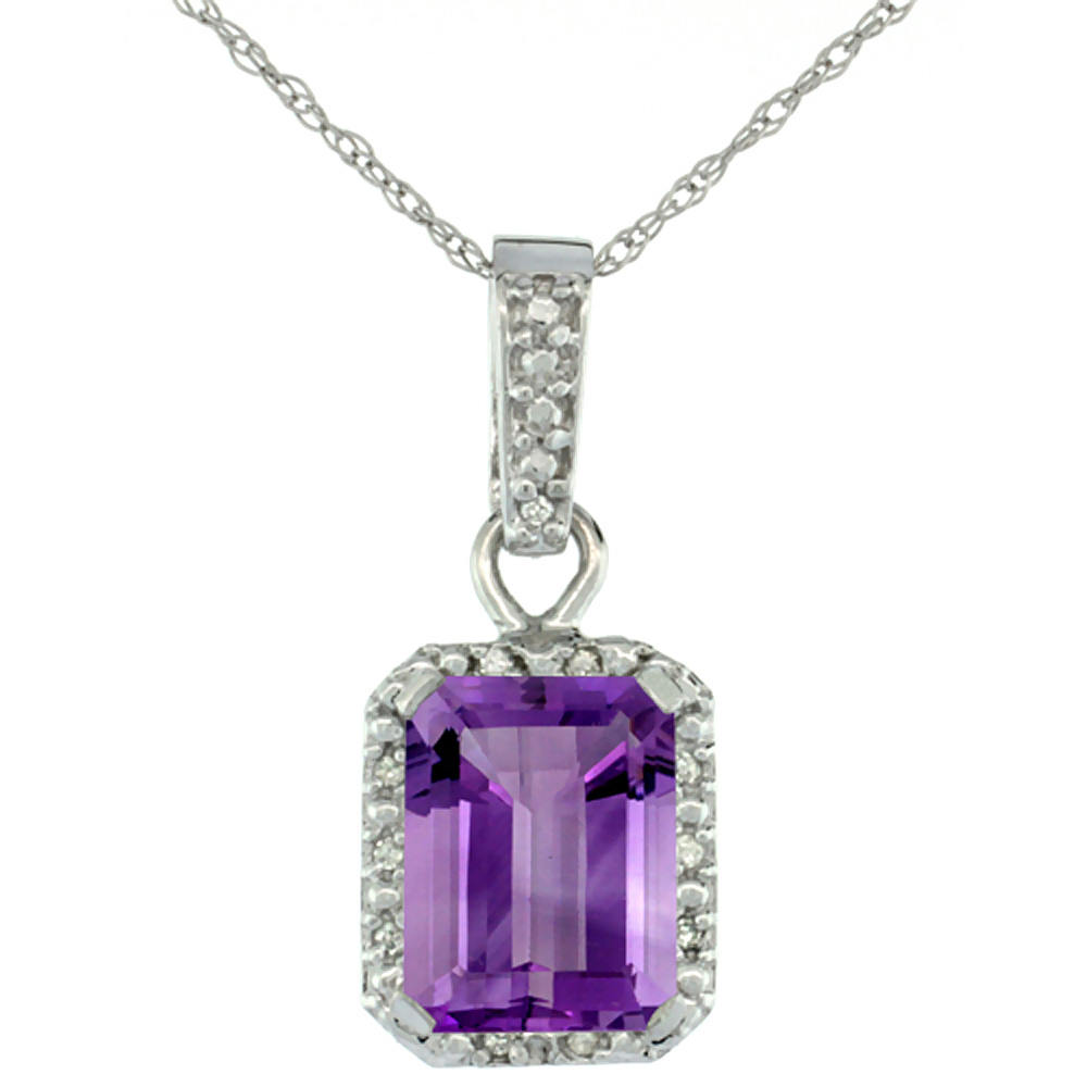 10K WHITE GOLD NATURAL AMETHYST PENDANT OCTAGON 8X6 MM & DIAMOND ACCENTS
