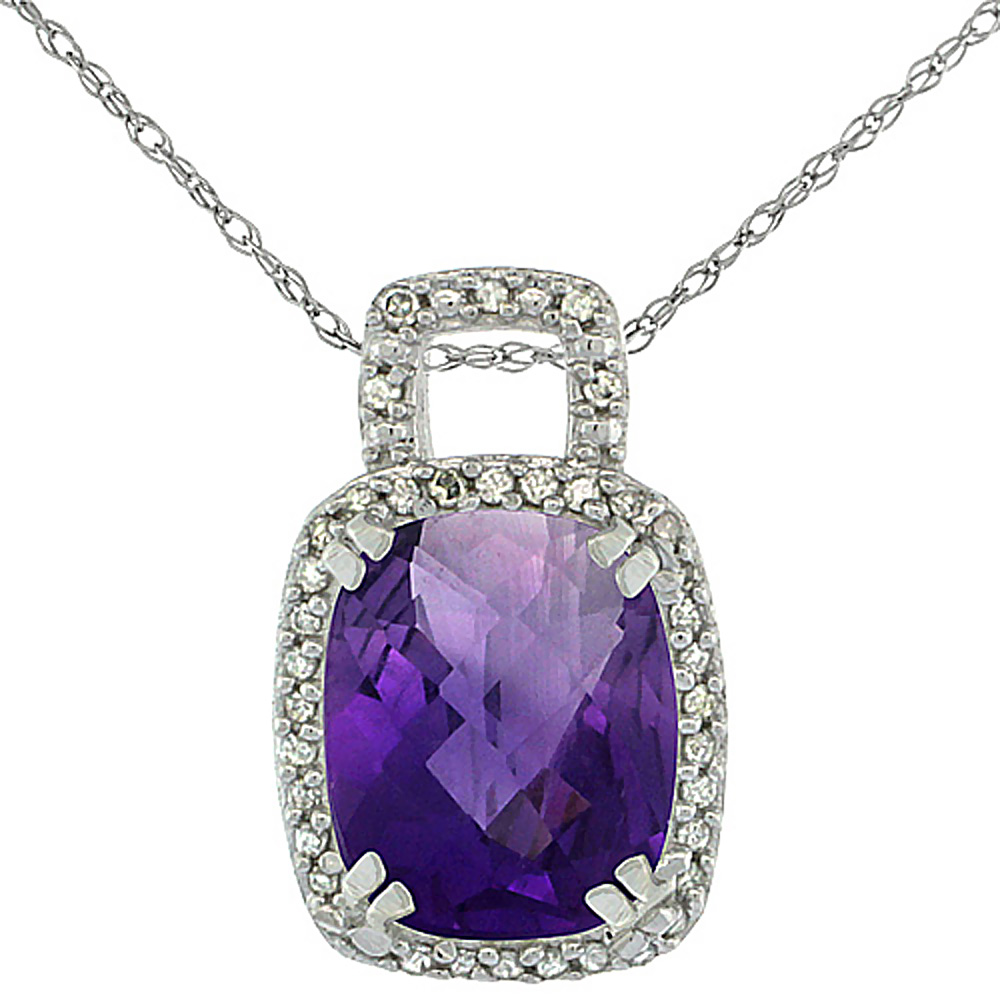 10K WHITE GOLD NATURAL AMETHYST PENDANT OCTAGON CUSHION 10X8 MM &amp; DIAMOND ACCENTS