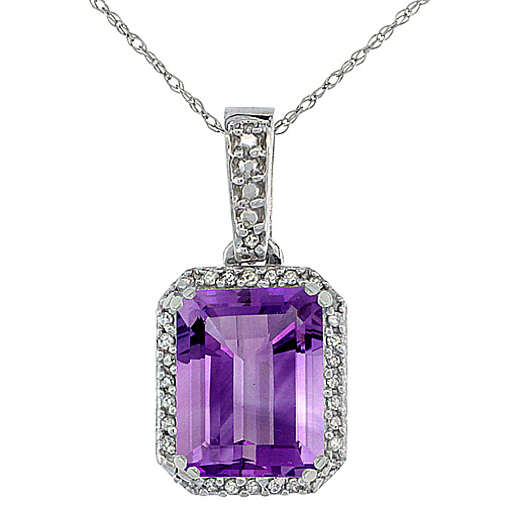 10K White Gold Diamond Natural Amethyst Pendant Octagon 9x7 mm