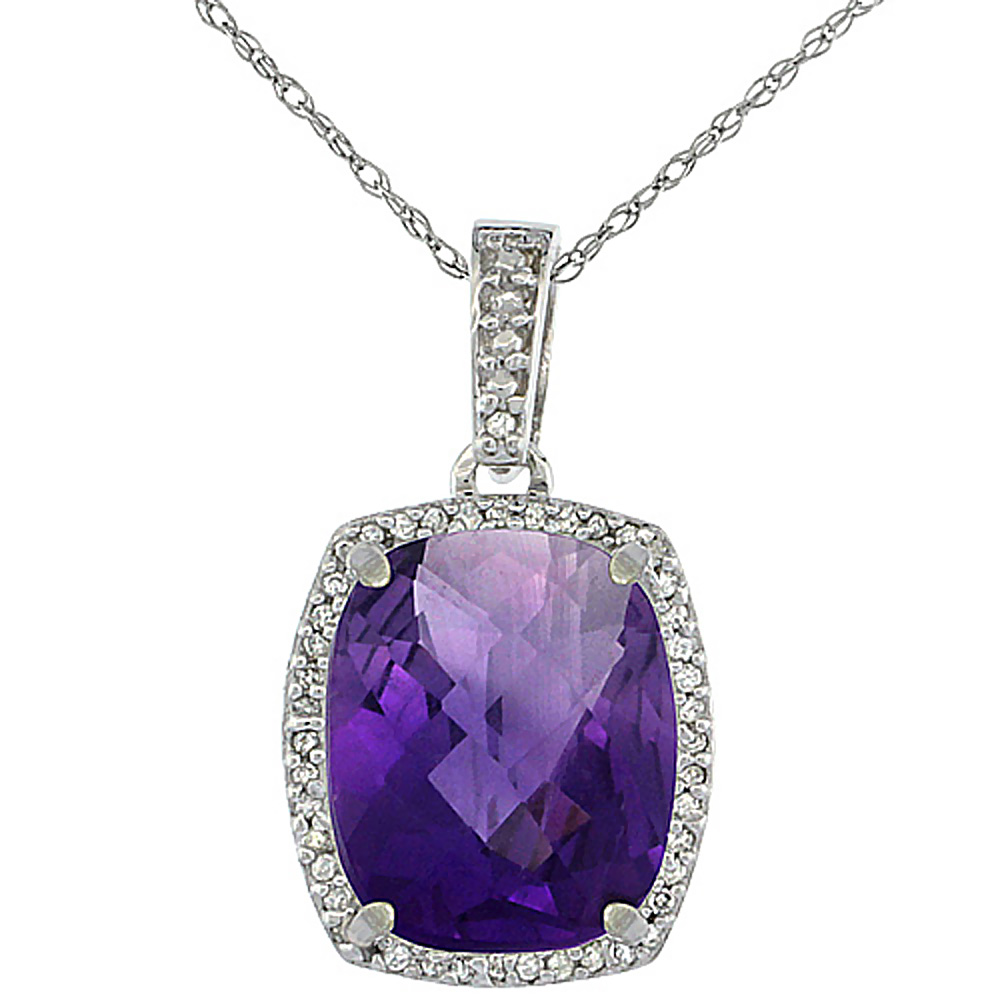10K WHITE GOLD NATURAL AMETHYST PENDANT OCTAGON CUSHION 12X10 MM