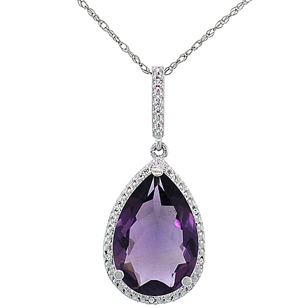 10K White Gold Diamond Halo Natural Amethyst Necklace Pear Shaped 15x10 mm, 18 inch long