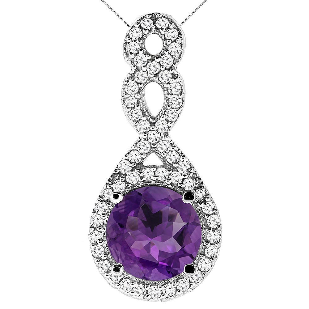 10K White Gold Natural Amethyst Eternity Pendant Round 7x7mm with 18 inch Gold Chain