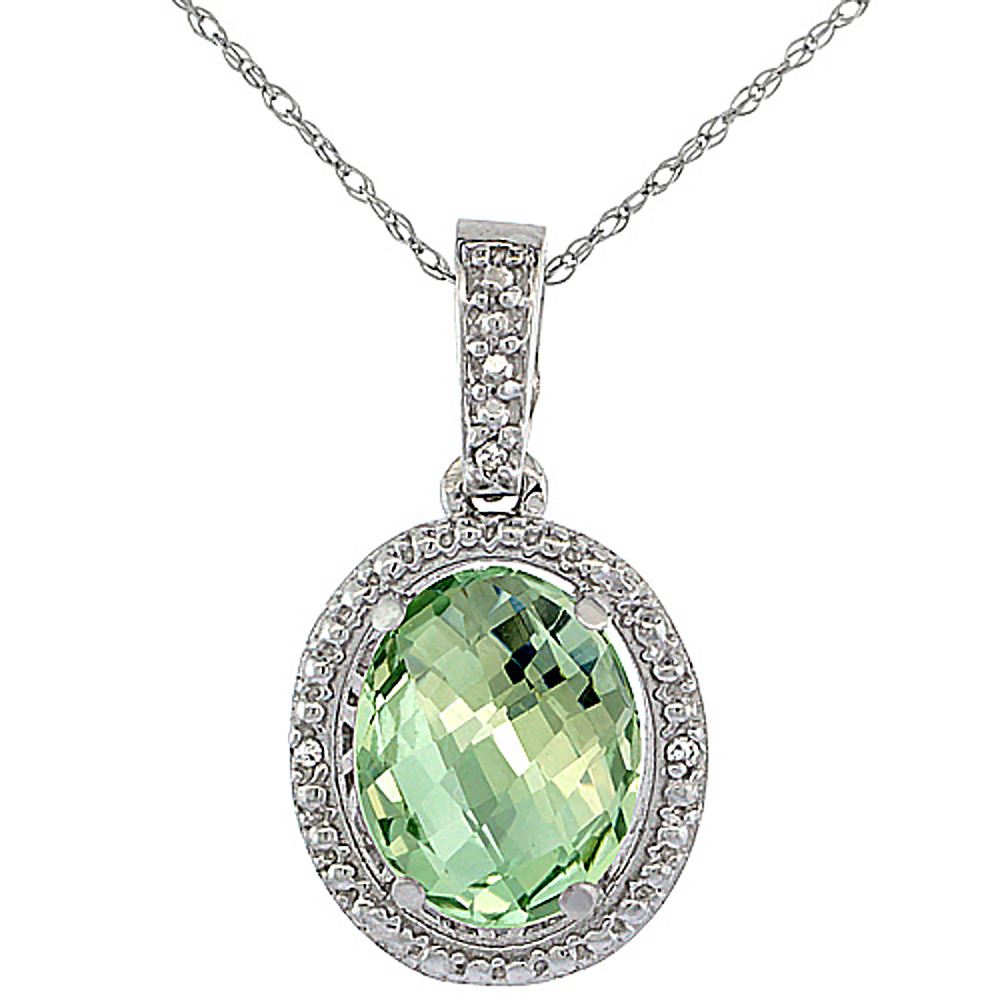 10K White Gold 0.09 cttw Diamond Natural Green Amethyst Pendant Oval 10x8 mm