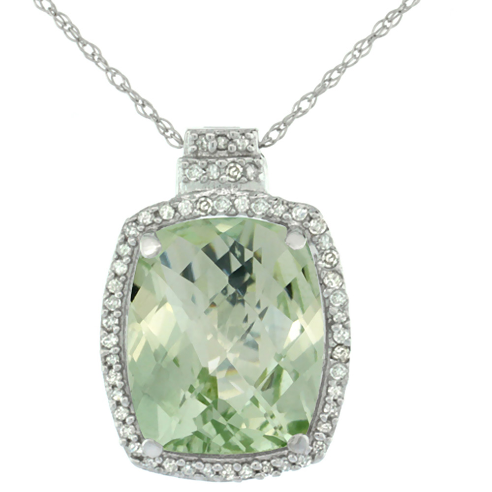 10K White Gold 0.20 cttw Diamond Natural Green Amethyst Pendant Octagon Cushion 11x9 mm