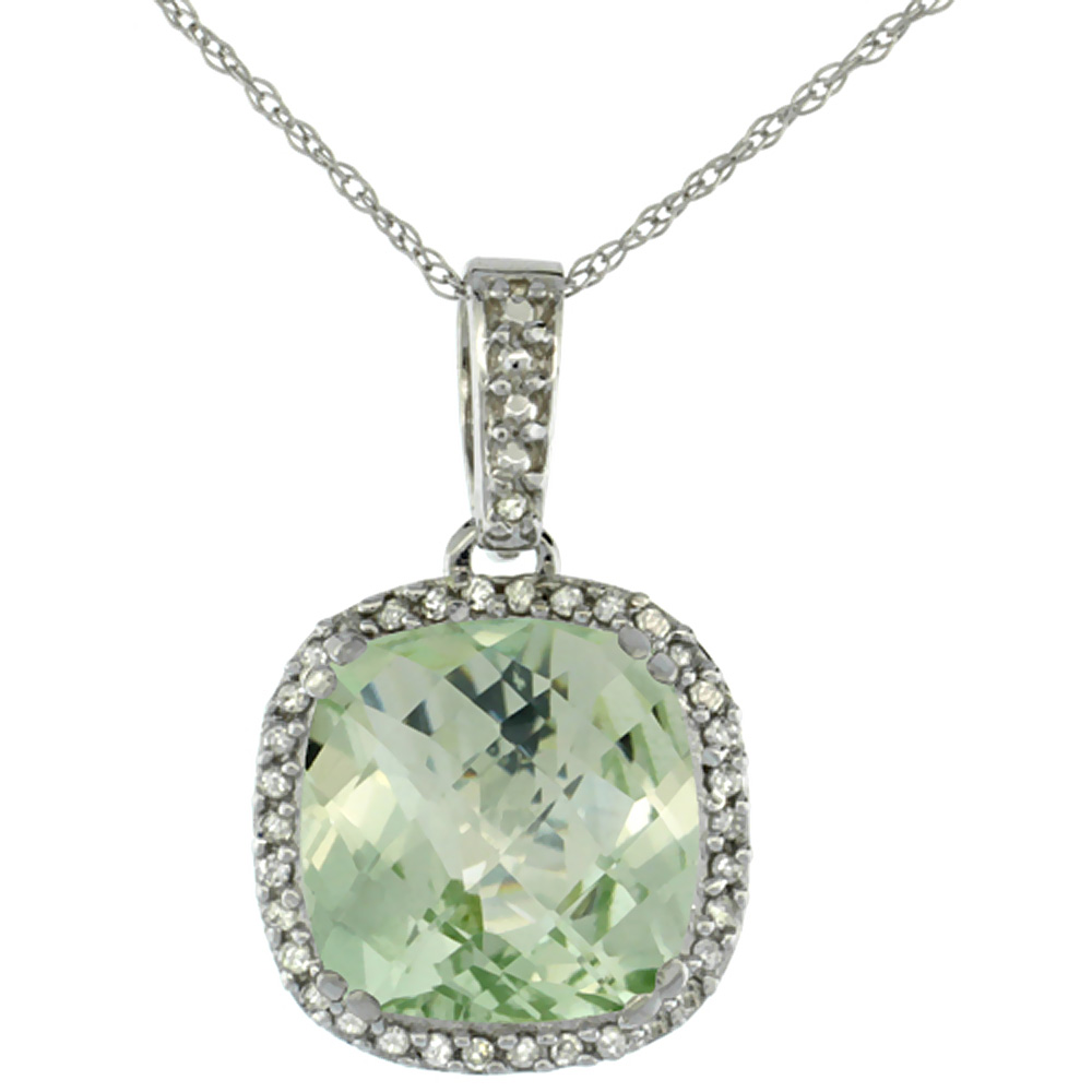 10k White Gold Diamond Halo Natural Green Amethyst Necklace Cushion Shaped 10x10mm, 18 inch long