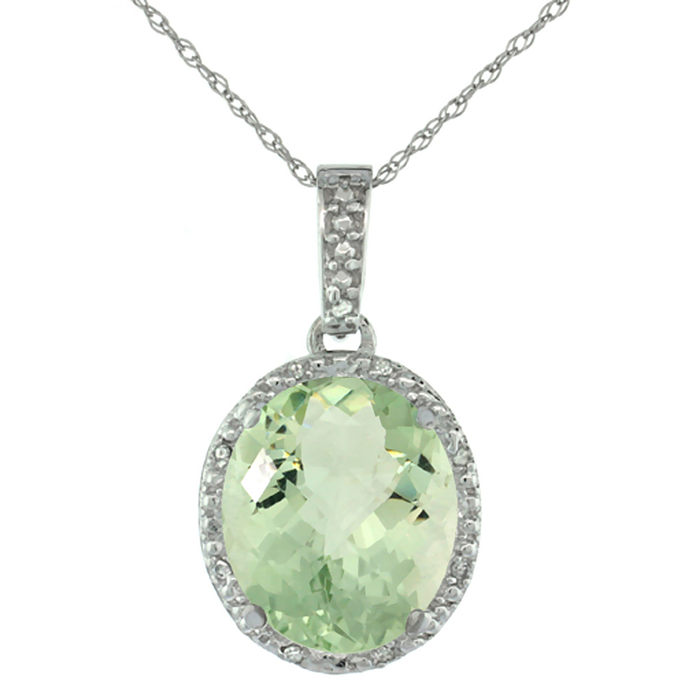 10K WHITE GOLD DIAMOND HALO NATURAL GREEN AMETHYST NECKLACE OVAL 12X10 MM, 18 INCH LONG