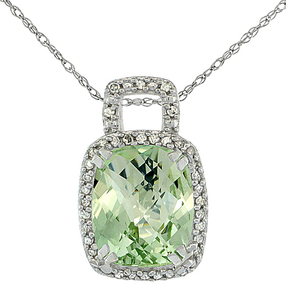 10K White Gold Natural Green Amethyst Pendant Octagon Cushion 10x8 mm & Diamond Accents