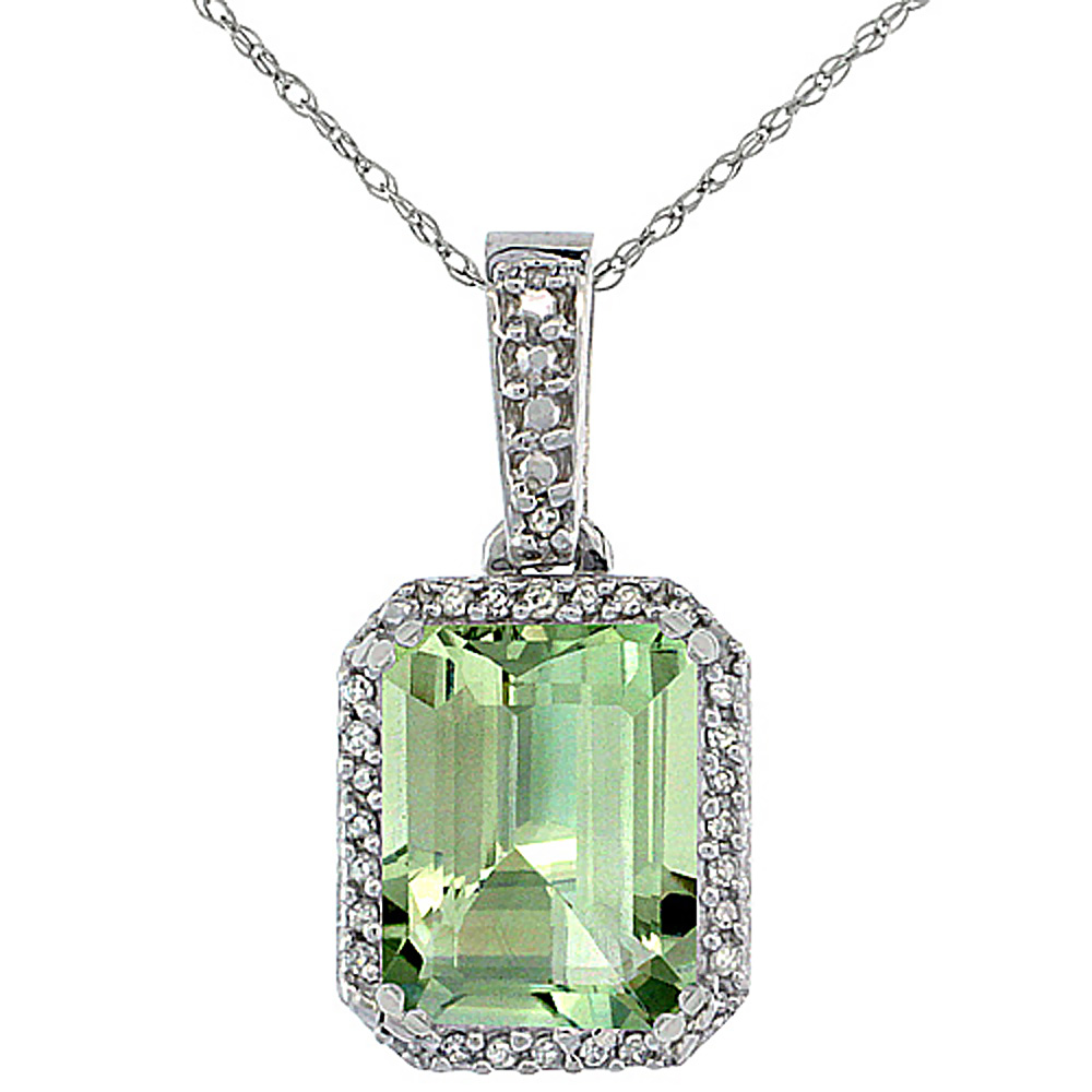 10K WHITE GOLD DIAMOND NATURAL GREEN AMETHYST PENDANT OCTAGON 9X7 MM