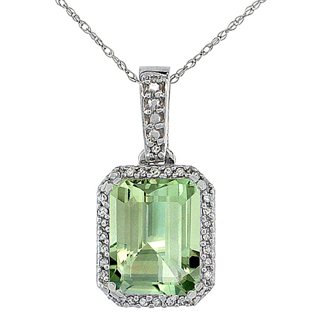 10K White Gold Diamond Natural Green Amethyst Pendant Octagon 9x7 mm