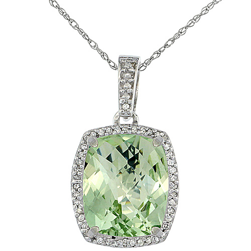 10K White Gold Natural Green Amethyst Pendant Octagon Cushion 12x10 mm